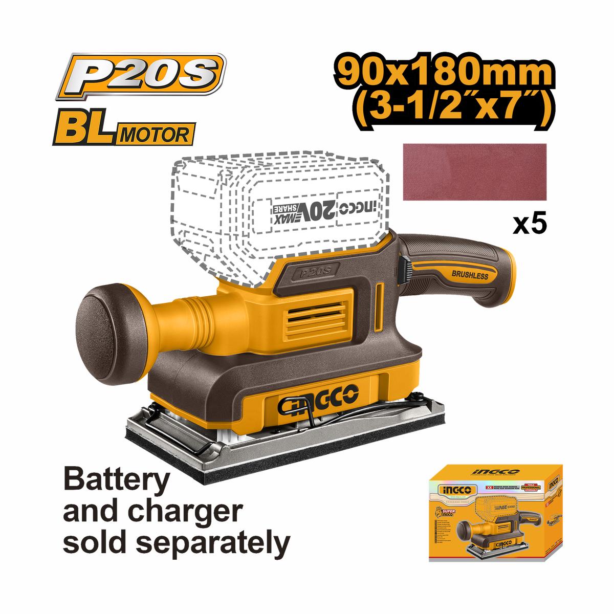 Ingco 20V PS+ Cordless Finishing Sander excl Battery & Charger CFSLI2031