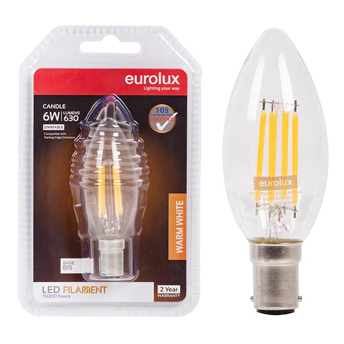 Eurolux LED Filament Globe Candle 6w B15 3000K Dimmable Blister N