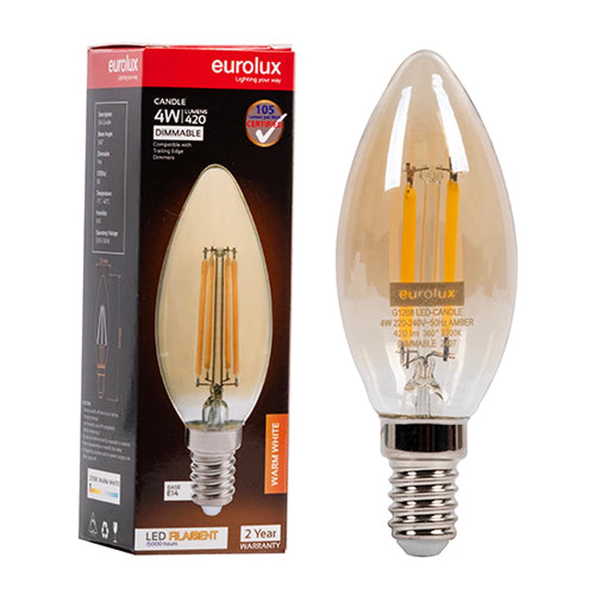 Eurolux LED Filament Globe Candle Amber 4w E14 2700K Dimmable