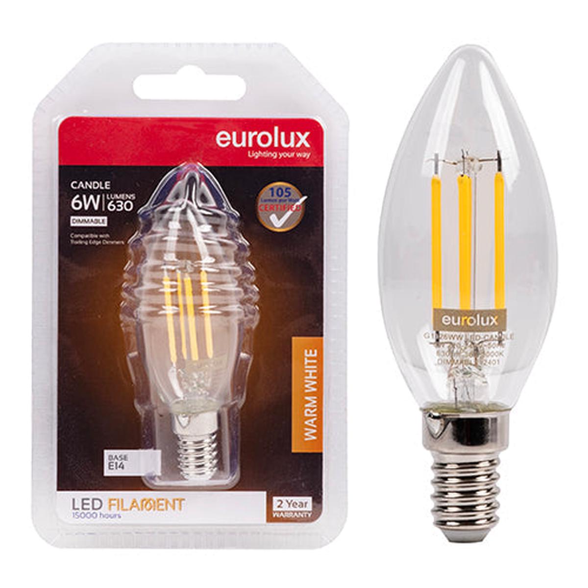 Eurolux LED Filament Globe Candle Clear 6w E14 3000K Dimmable Blister N