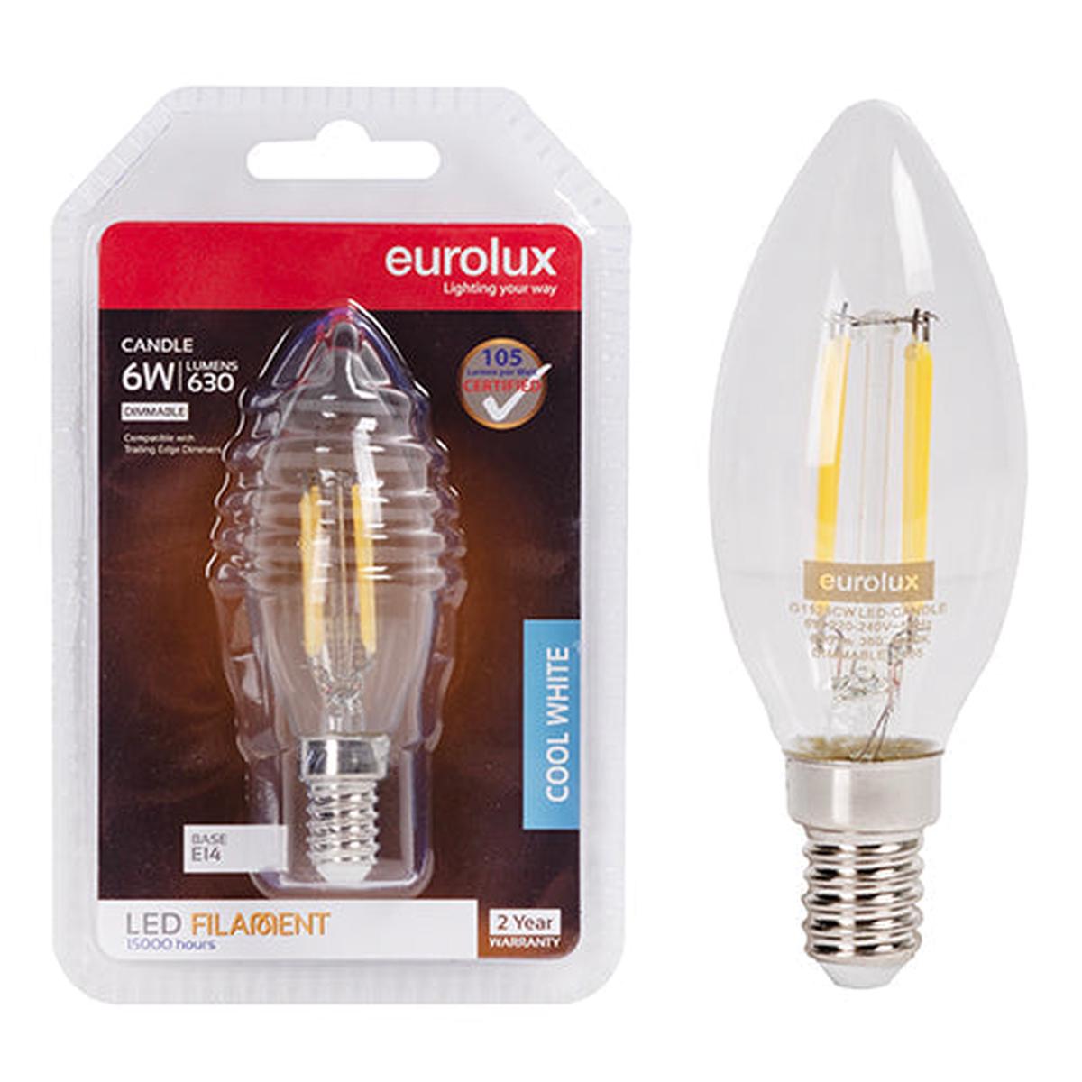 Eurolux LED Filament Globe Candle Clear 6w E14 4000K Dimmable N