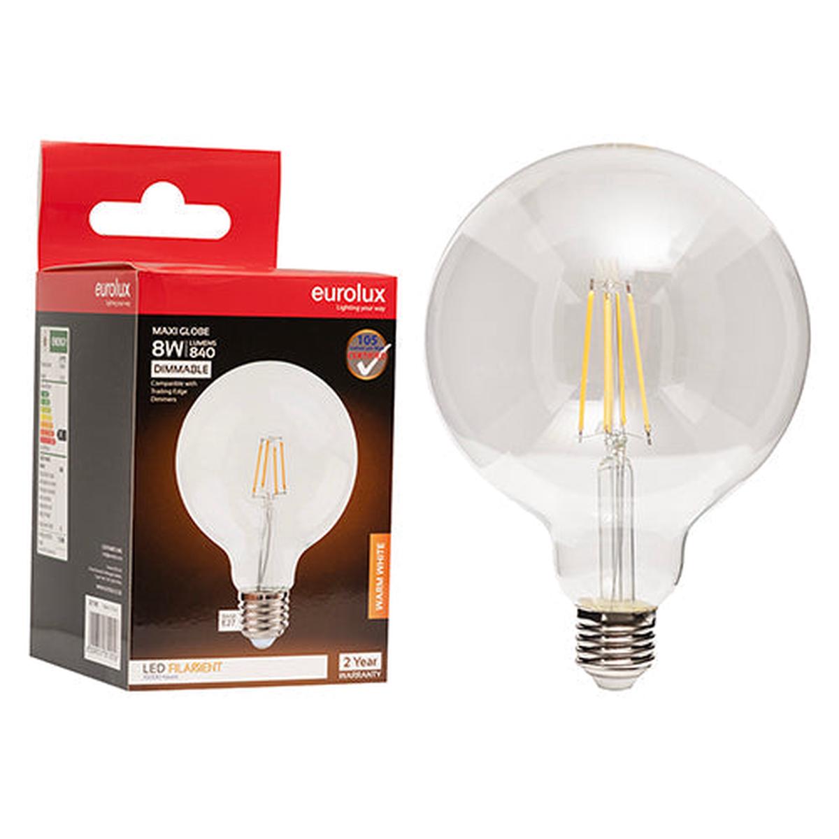 Eurolux LED Filament Globe Maxi Globe 125mm 8w E27 3000K Dimmable