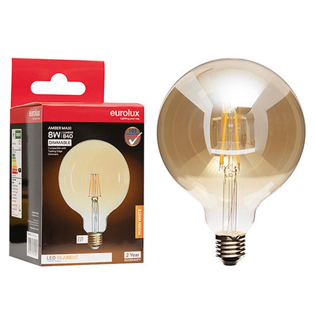 Eurolux LED Filament Globe Maxi Globe 125mm Amber 8w E27 2700K Dimmable