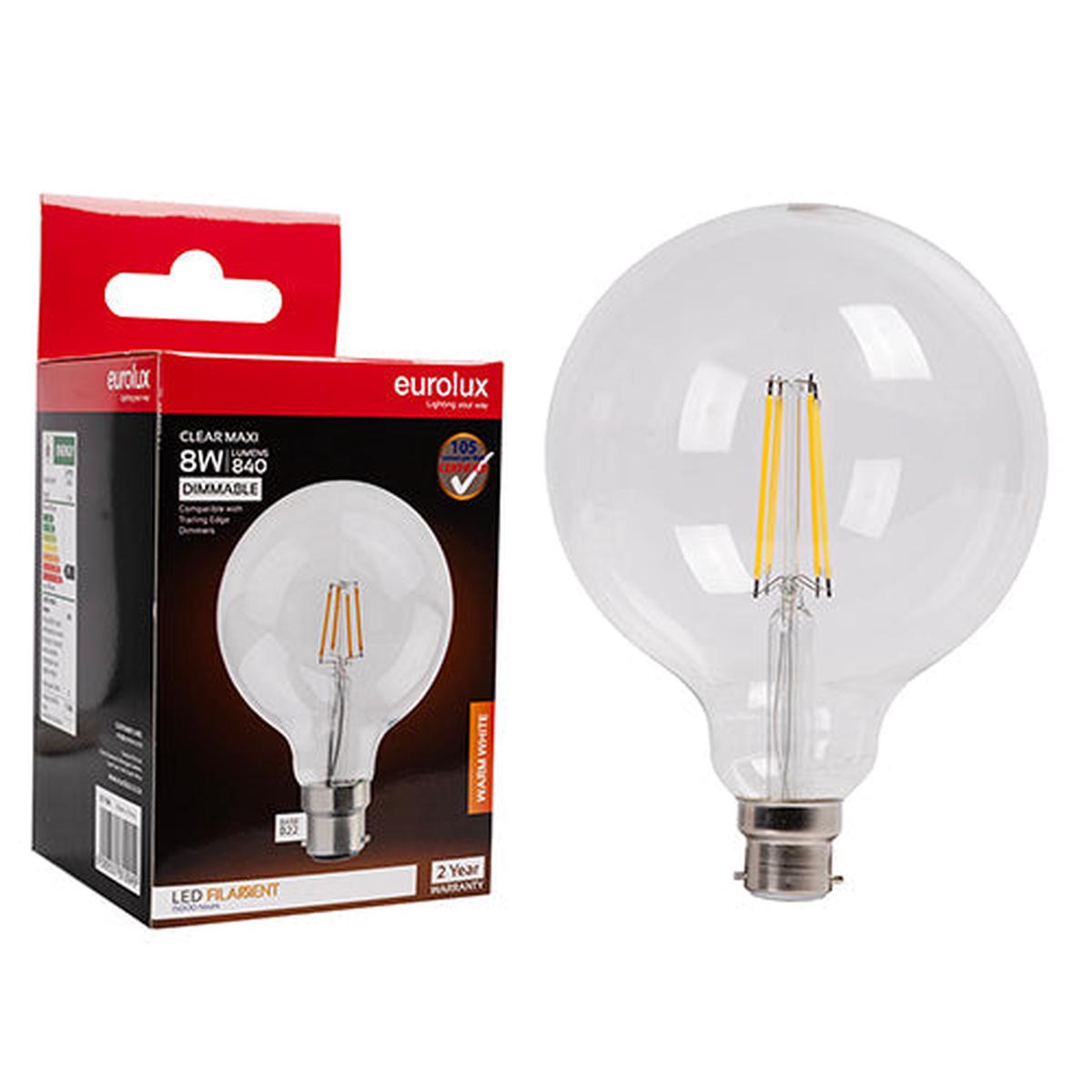 Eurolux LED Filament Globe Maxi Globe G125 8w B22 3000K Dimmable