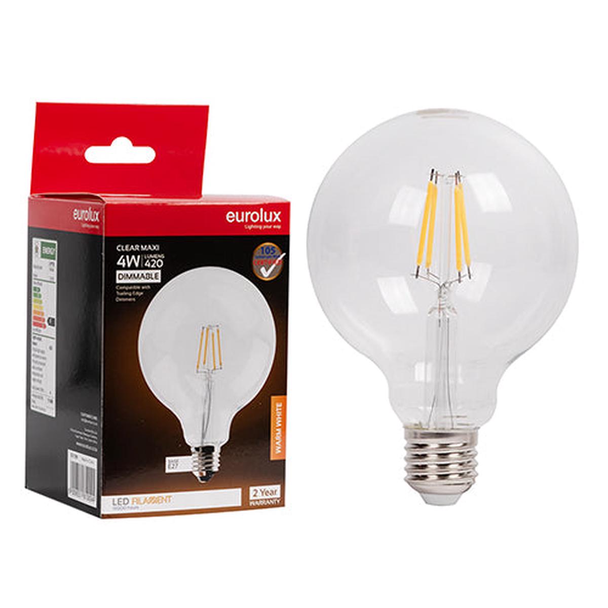 Eurolux LED Filament Globe Maxi Globe G95 4w E27 3000K Dimmable