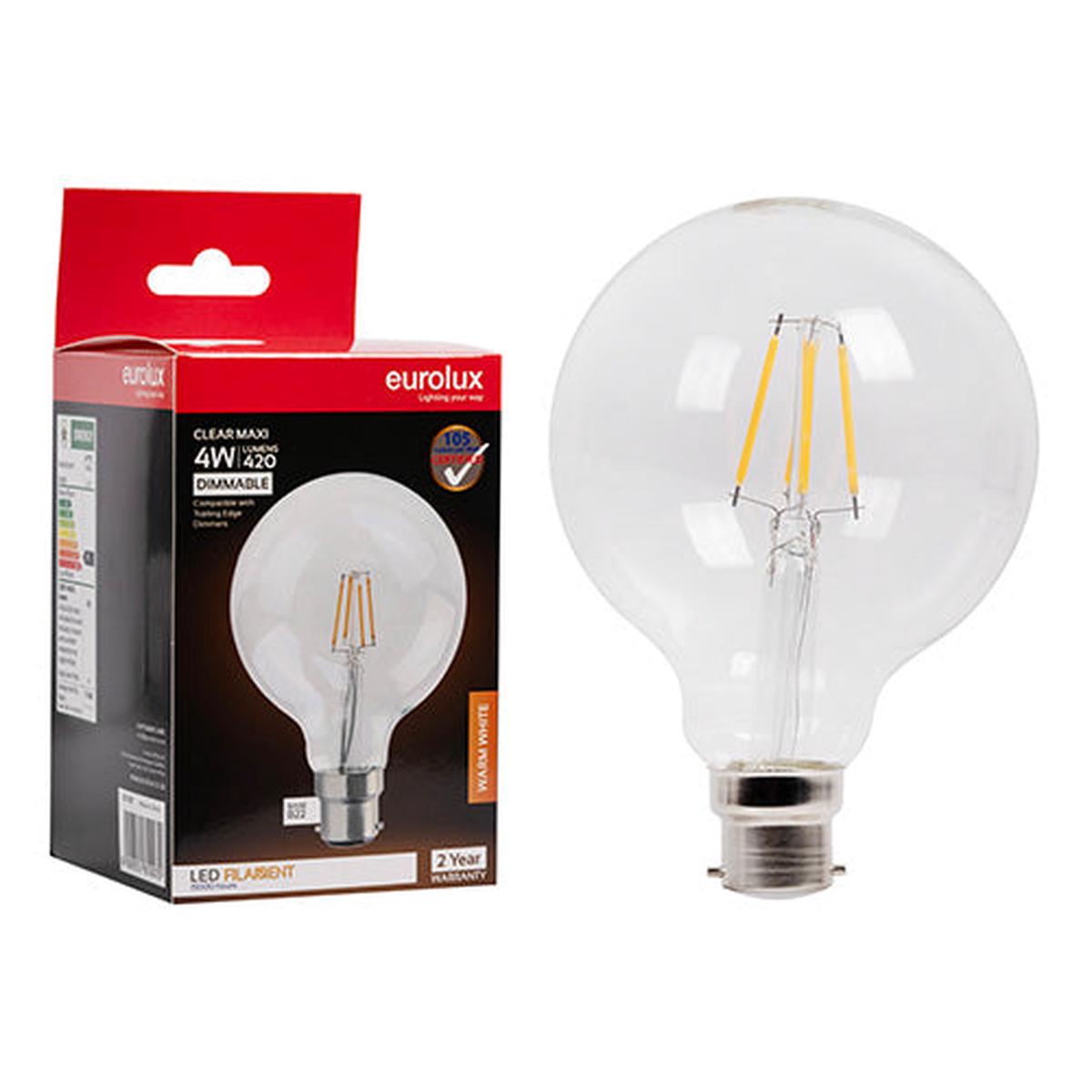 Eurolux LED Filament Globe Mini Maxi Globe G95 4w B22 3000K Dimmable