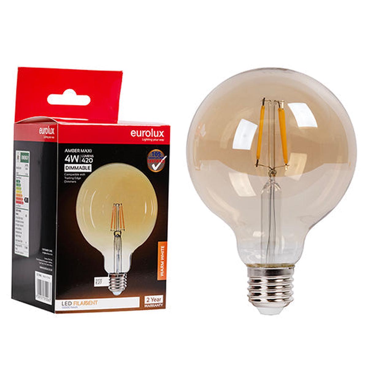 Eurolux LED Filament Globe Mini Maxi Globe G95 Amber 4w E27 2700K Dimmable
