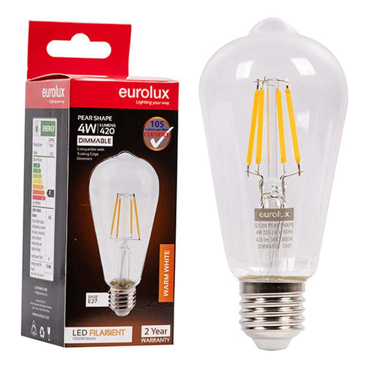 Eurolux LED Filament Globe Mini Pear 4w E27 3000K Dimmable