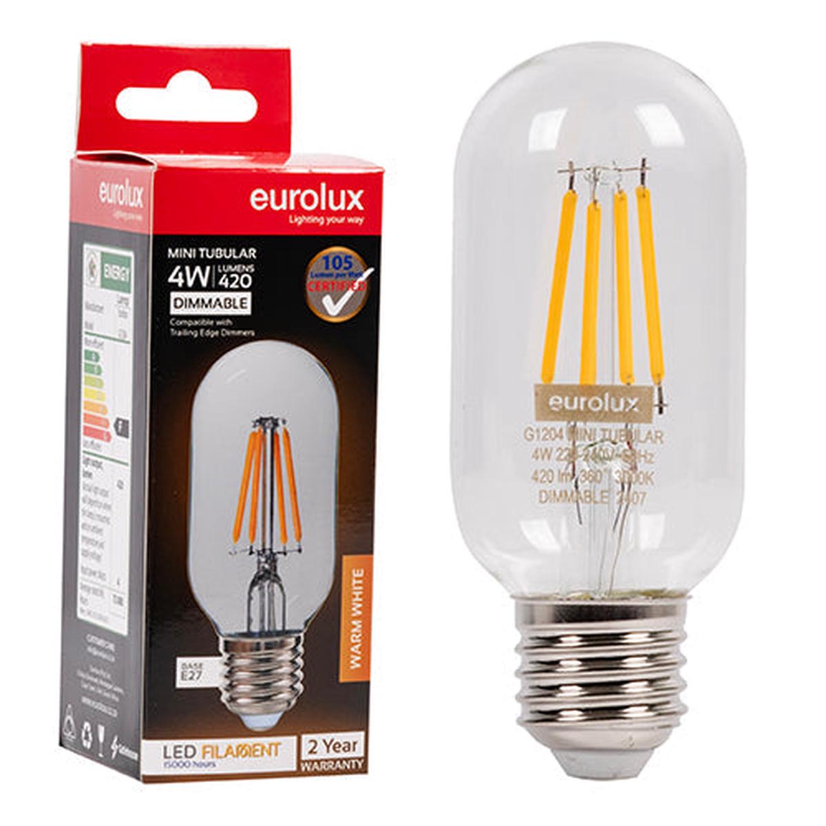 Eurolux LED Filament Globe Mini Tubular 4w E27 3000K Dimmable