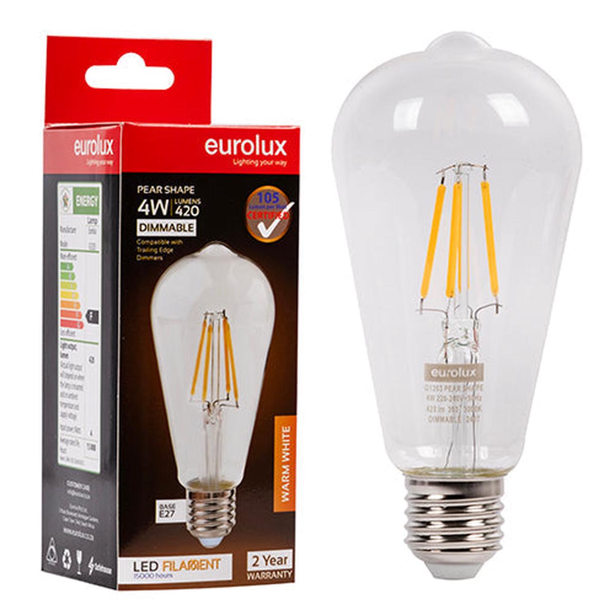 Eurolux LED Filament Globe Pear 4w E27 3000K Dimmable
