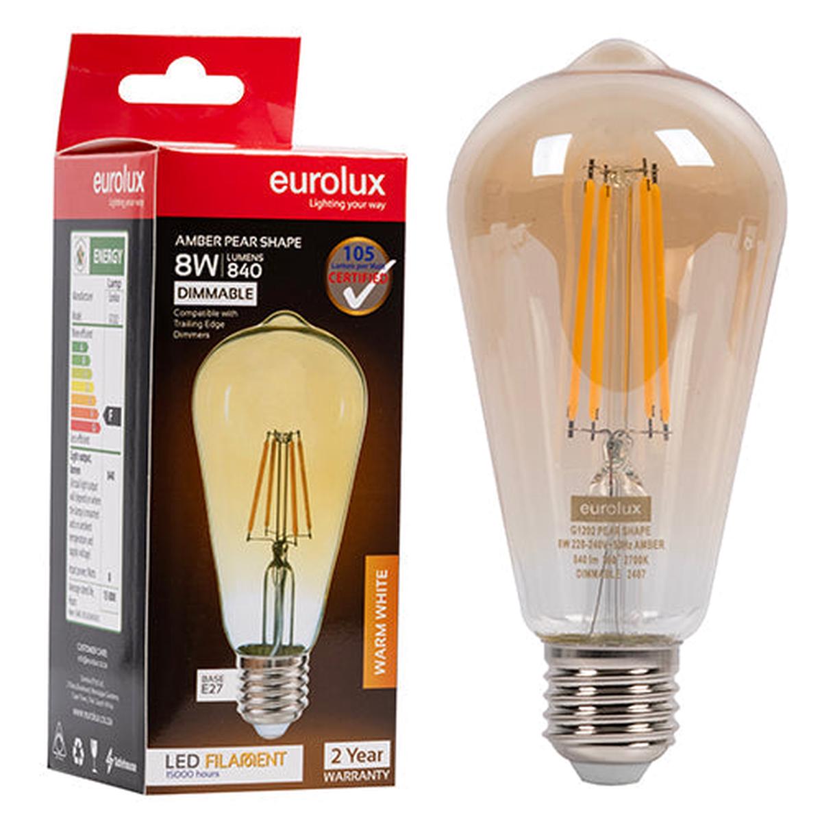 Eurolux LED Filament Globe Pear Amber 8w E27 2700K Dimmable