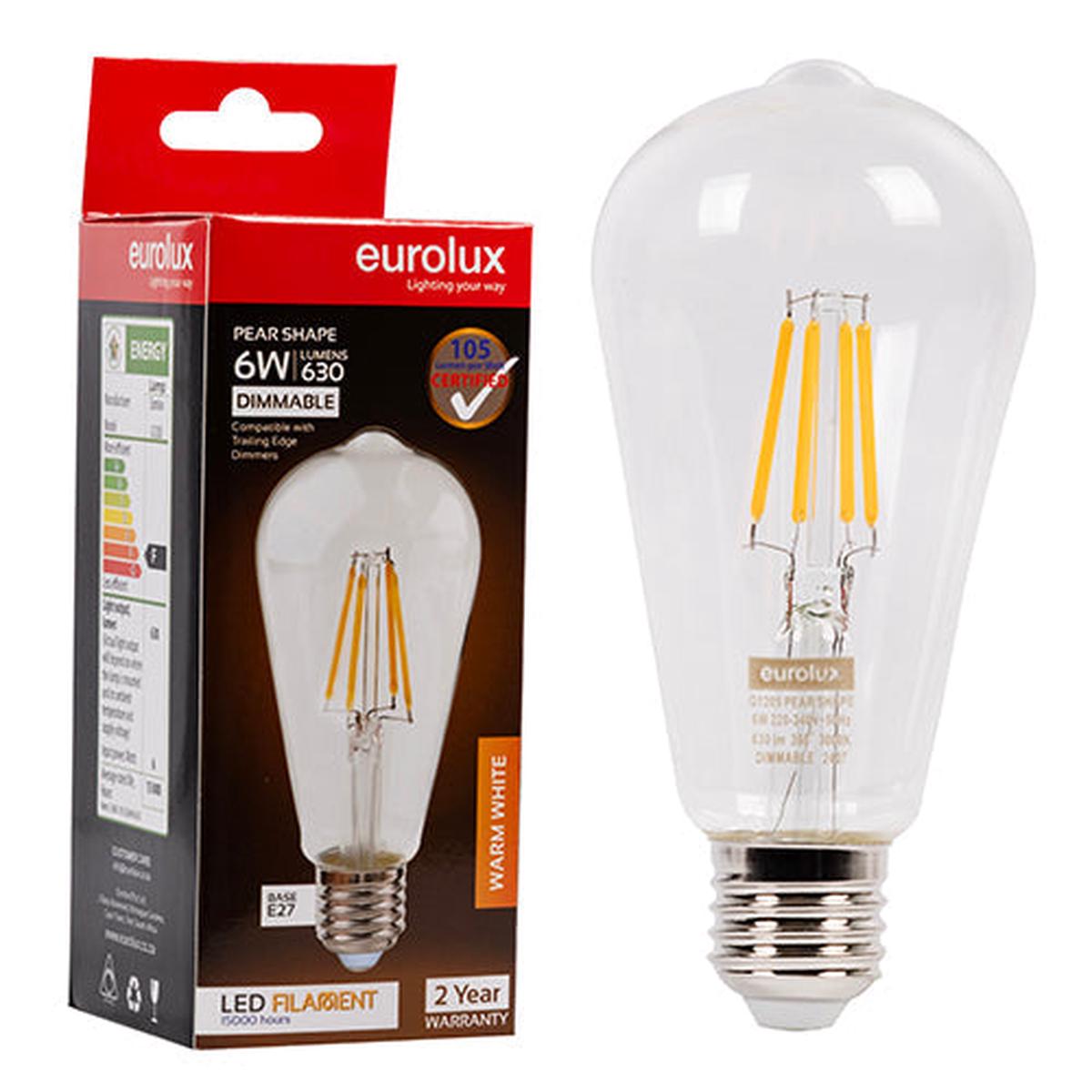 Eurolux LED Filament Globe Pear Nipple 6w E27 3000K Dimmable