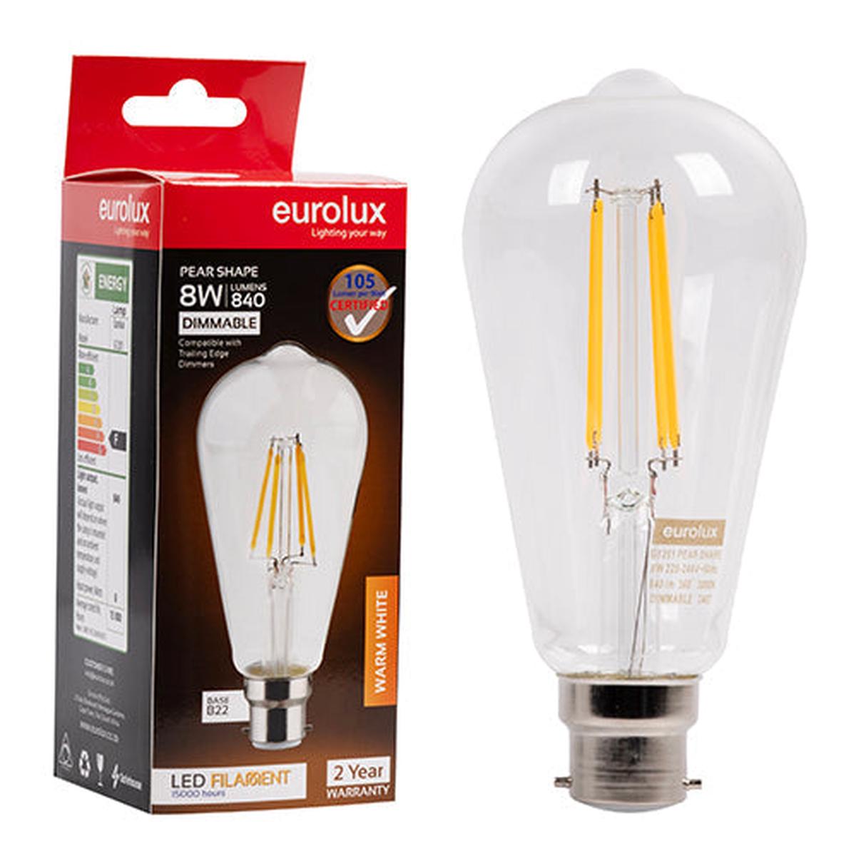 Eurolux LED Filament Globe Pear ST64 8w B22 3000K Dimmable