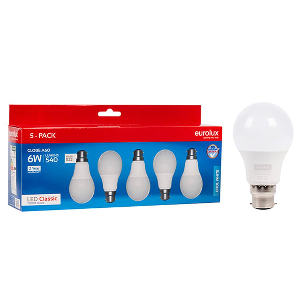 Eurolux LED Globe A60 Classic 6w B22 4000K 5 Pack N