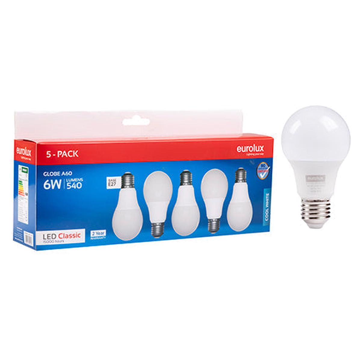 Eurolux LED Globe A60 Classic 6w E27 4000K 5 Pack N
