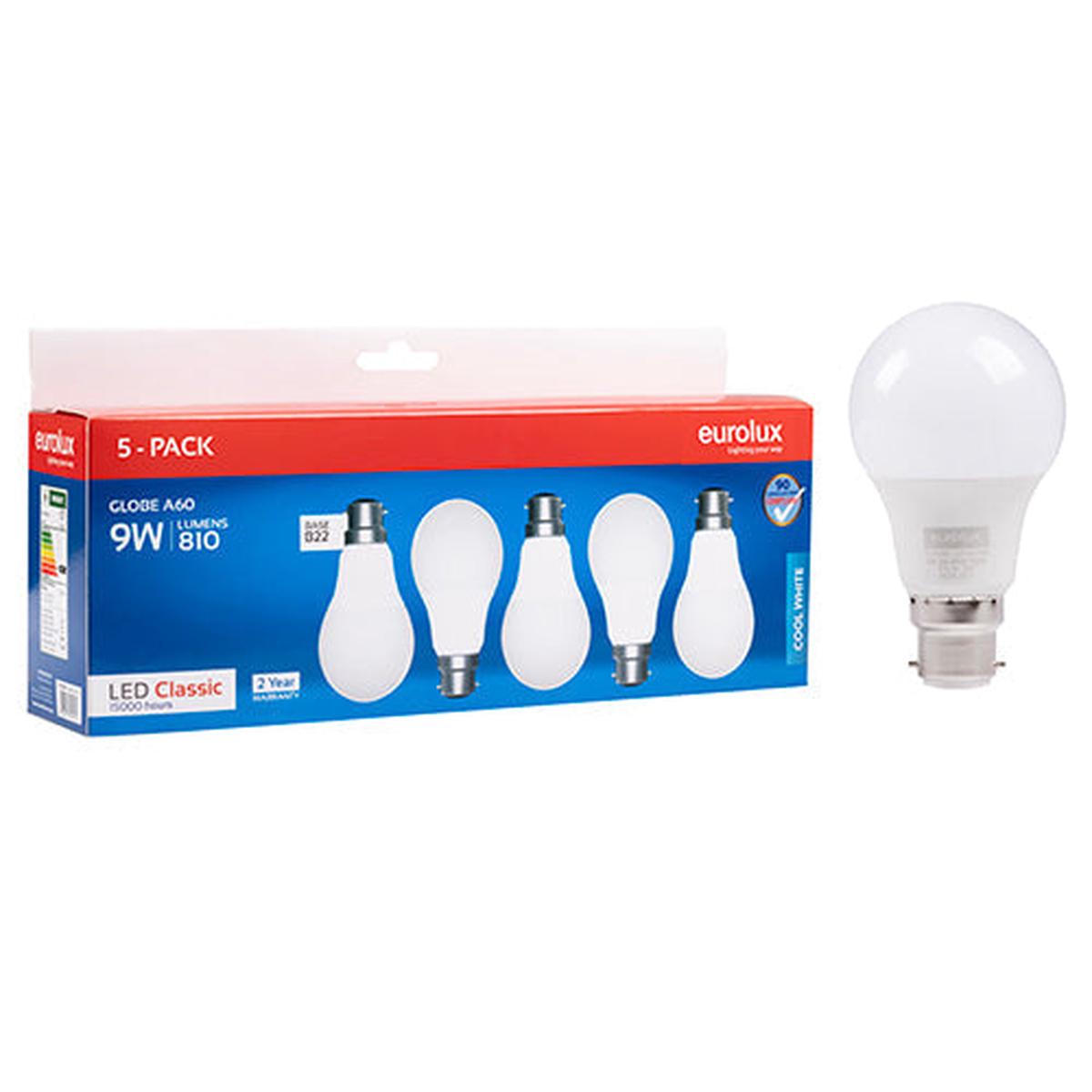 Eurolux LED Globe A60 Classic 9w B22 4000K 5 Pack N