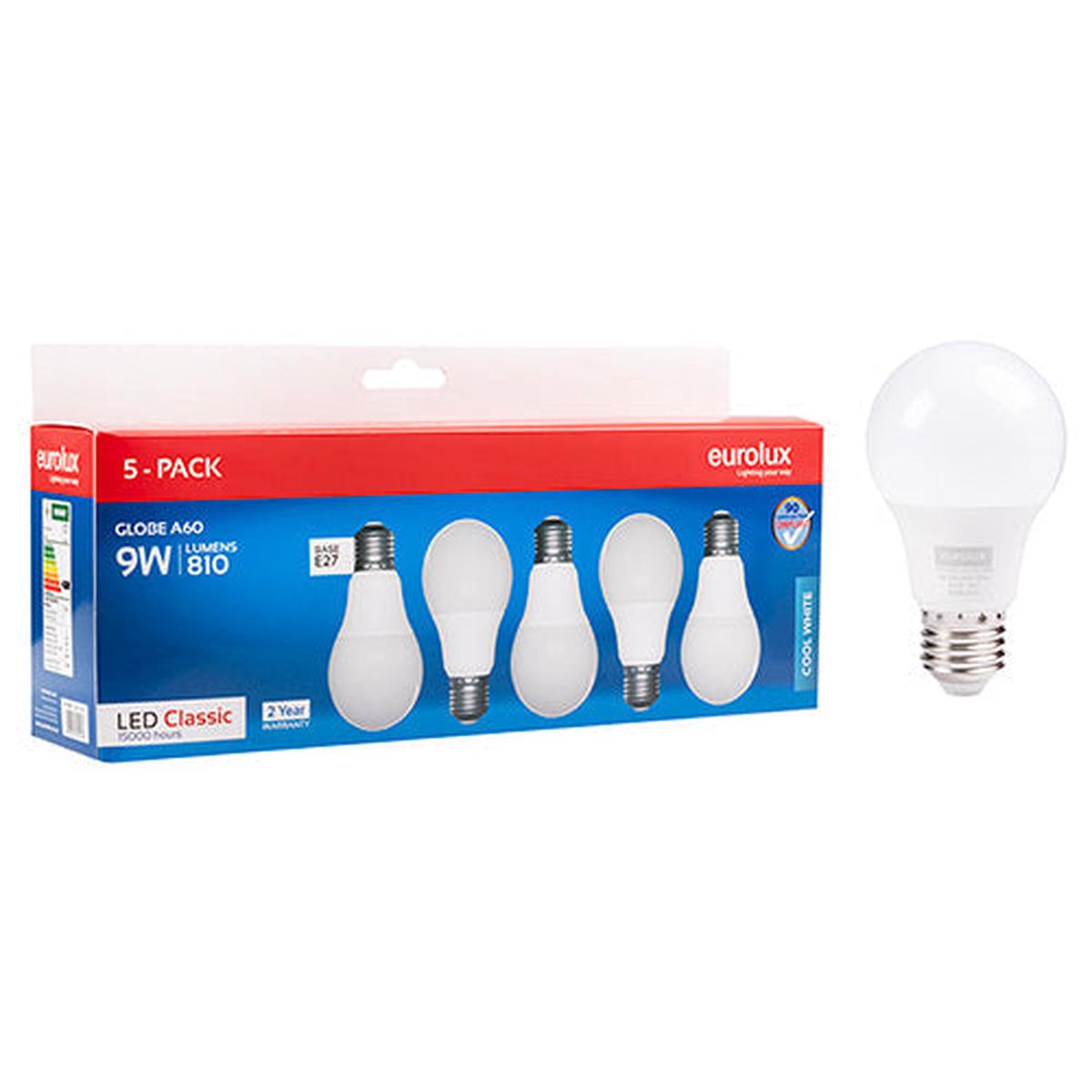 Eurolux LED Globe A60 Classic 9w E27 4000K 5 Pack N