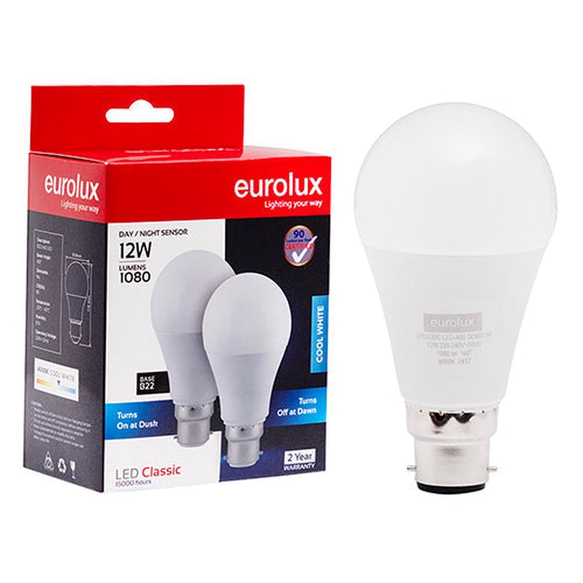 Eurolux LED Globe A60 Day/Night Sensor 12w B22 4000K Twin Pack Box