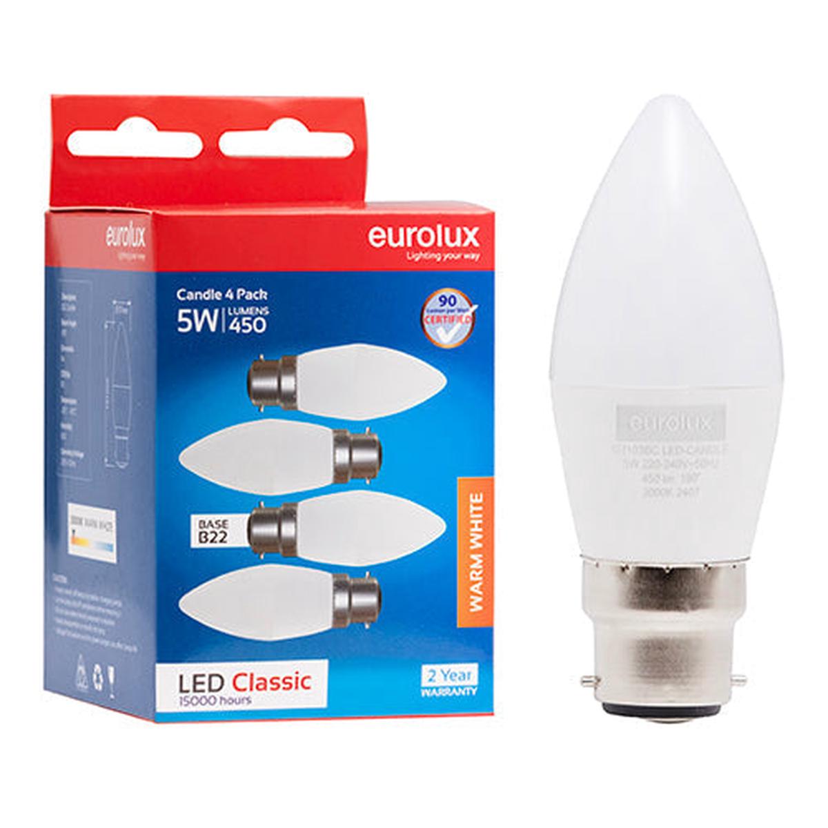 Eurolux LED Globe Candle Classic 5W B22 3000K 4 Pack N