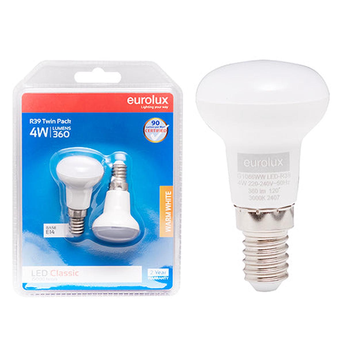 Eurolux LED Globe Reflector R39 Classic 4w E14 3000K Twin Pack Box N