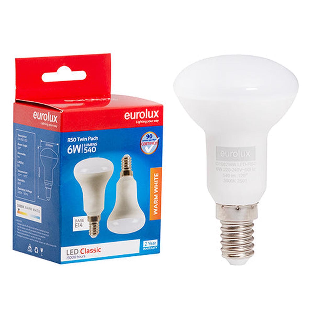 Eurolux LED Globe Reflector R50 Classic 6w E14 3000K Twin Pack Box N
