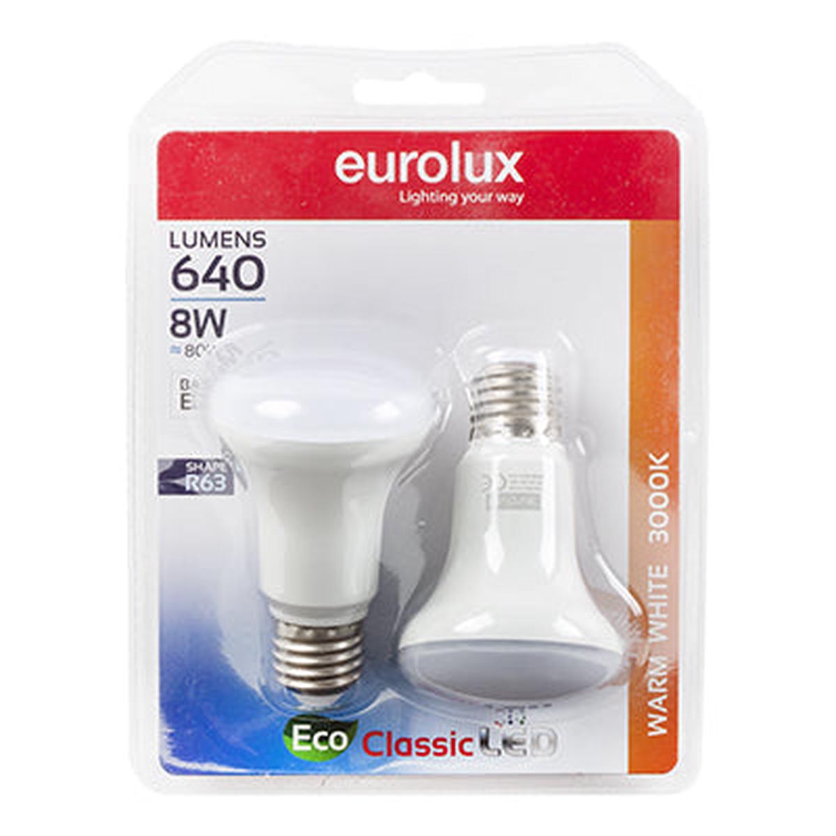 Eurolux LED Globe Reflector R63 Classic 8w E27 3000K Twin Pack Box N