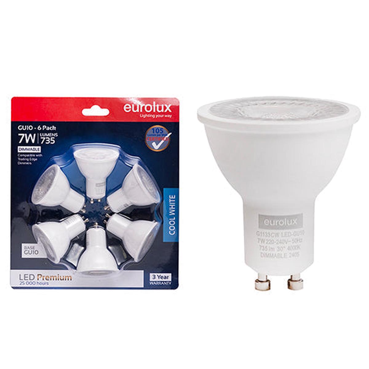 Eurolux LED GU10 Premium 7w 4000K Dimmable 6 Pack Blister N
