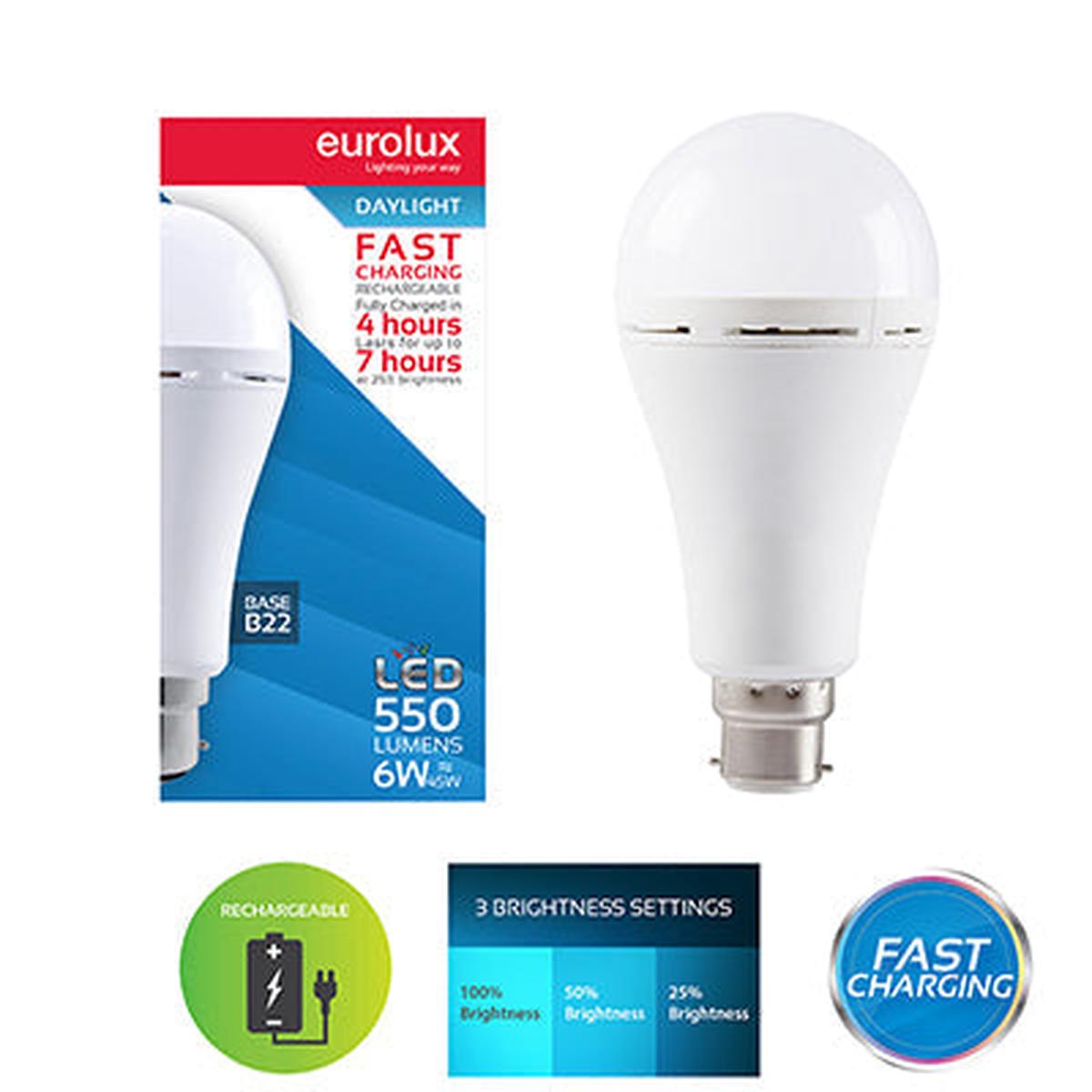 Eurolux Rechargeable LED Globe Fast Charge 6w LED B22 6500K