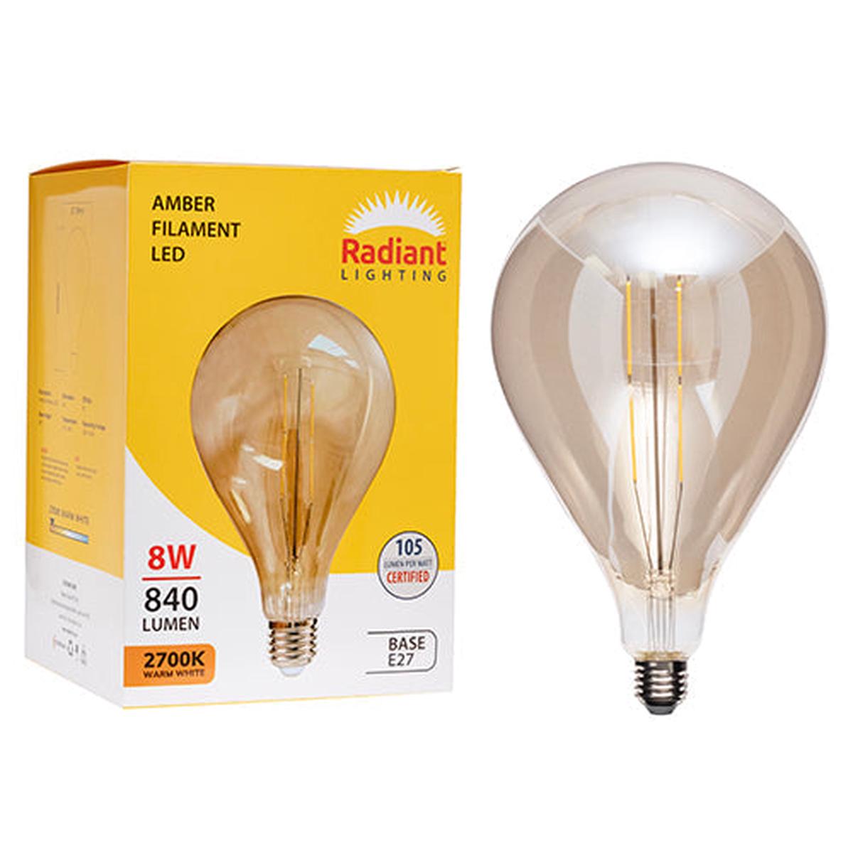 Radiant LED Filament Globe Amber 8w E27 2200K 160x300mm N