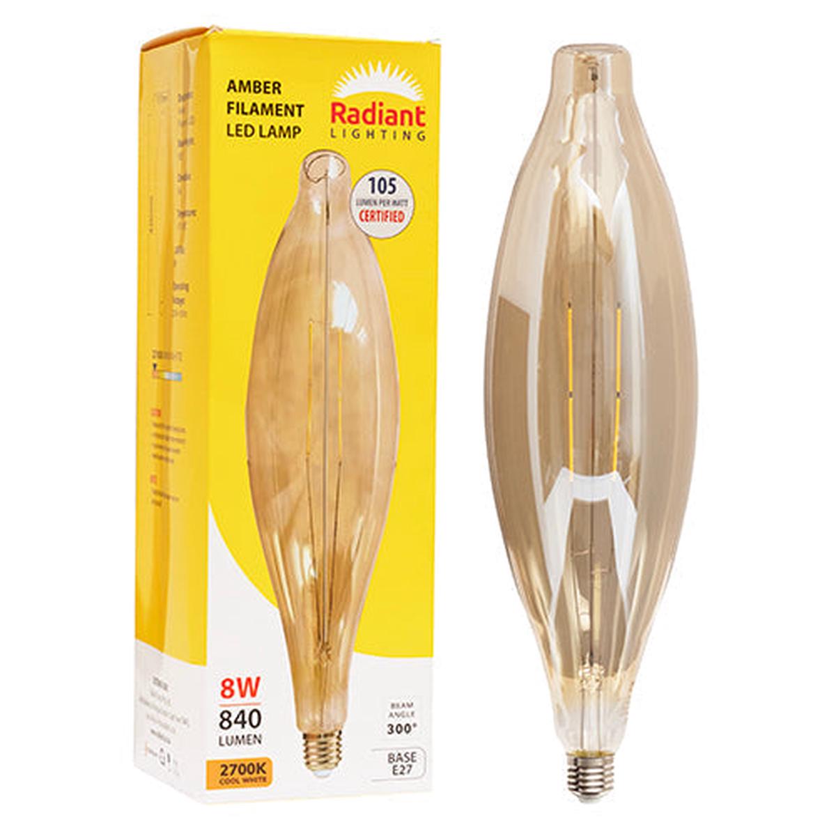 Radiant LED Filament Globe Amber 8w E27 2700K 117x420mm N