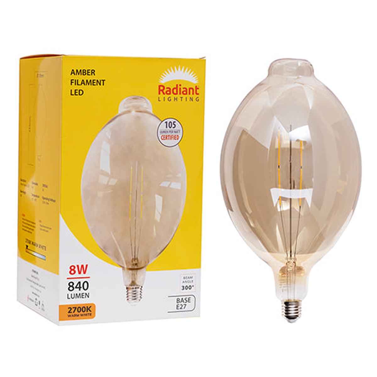 Radiant LED Filament Globe Amber 8w E27 2700K 180x395mm N
