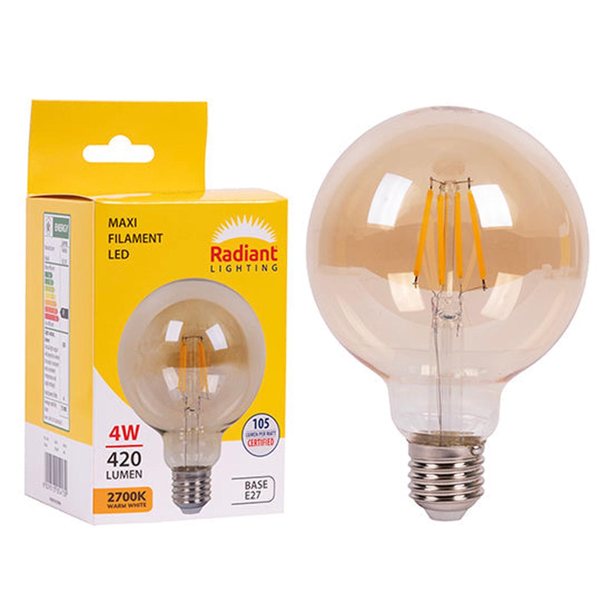 Radiant LED Filament Globe Maxi Globe G95 Amber 4w E27 2700K N