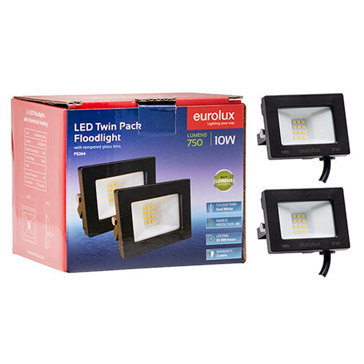 Eurolux LED 10w Floodlight Black 4000K Twin Pack