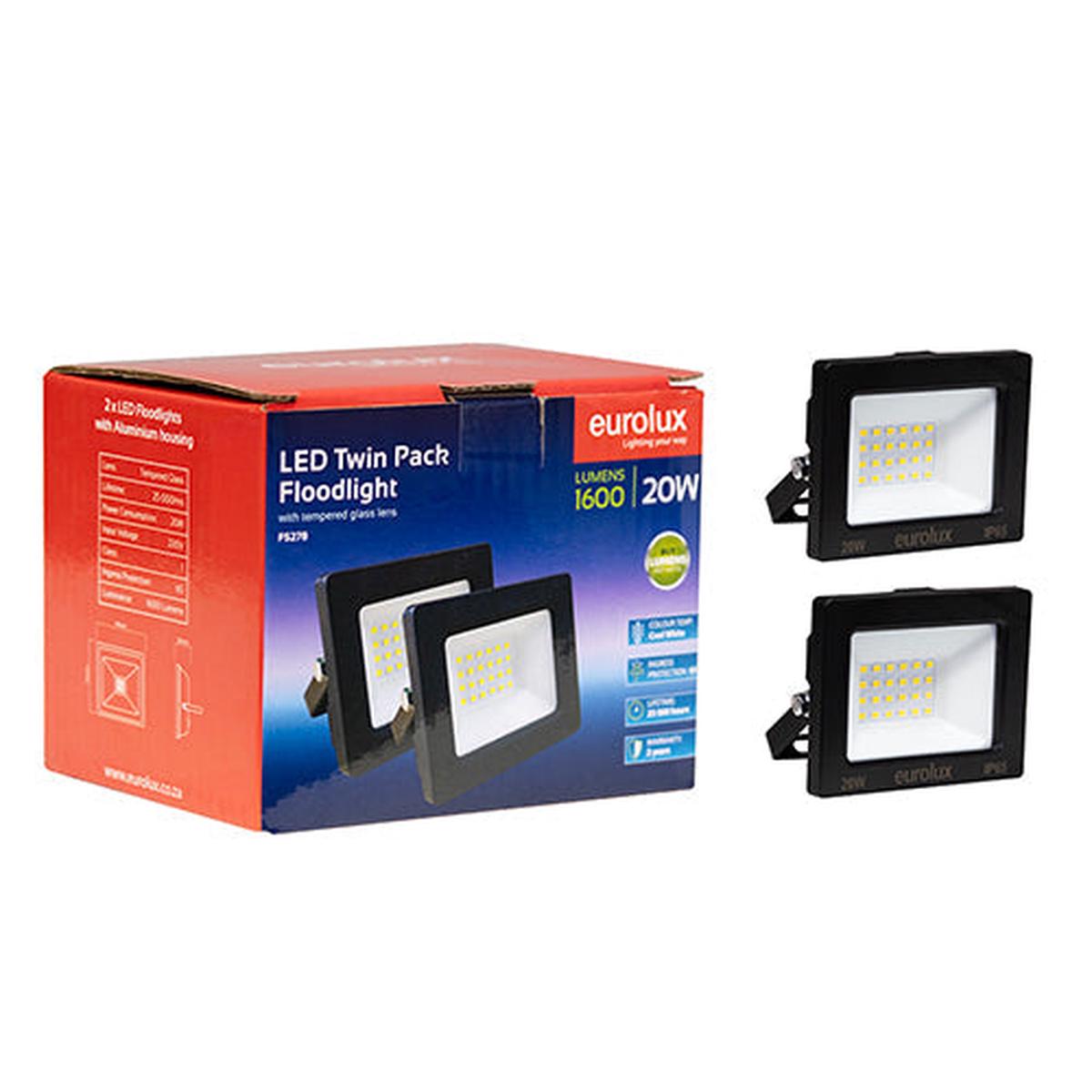 Eurolux LED 20W Floodlight Black 4000K Twin Pack