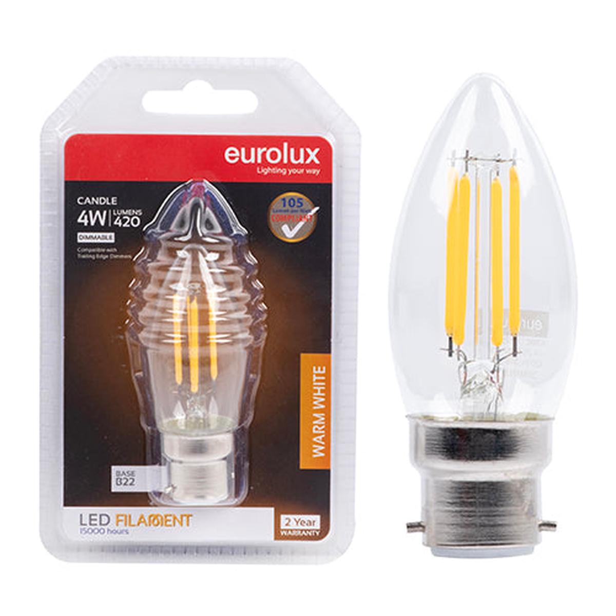 Eurolux LED Filament Globe Candle 4w B22 3000K Dimmable N