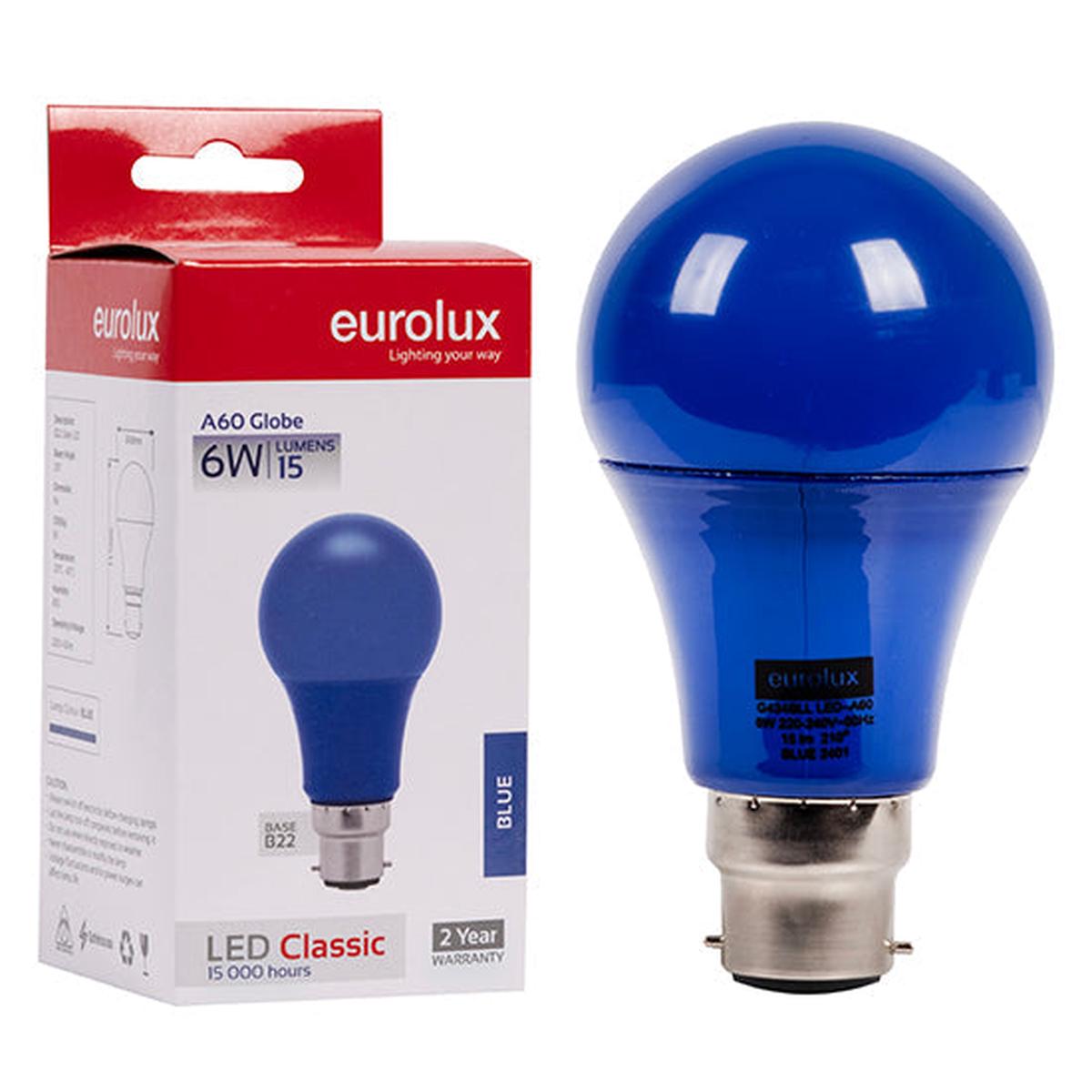 Eurolux LED Globe A60 Coloured Classic 6w B22 Blue N