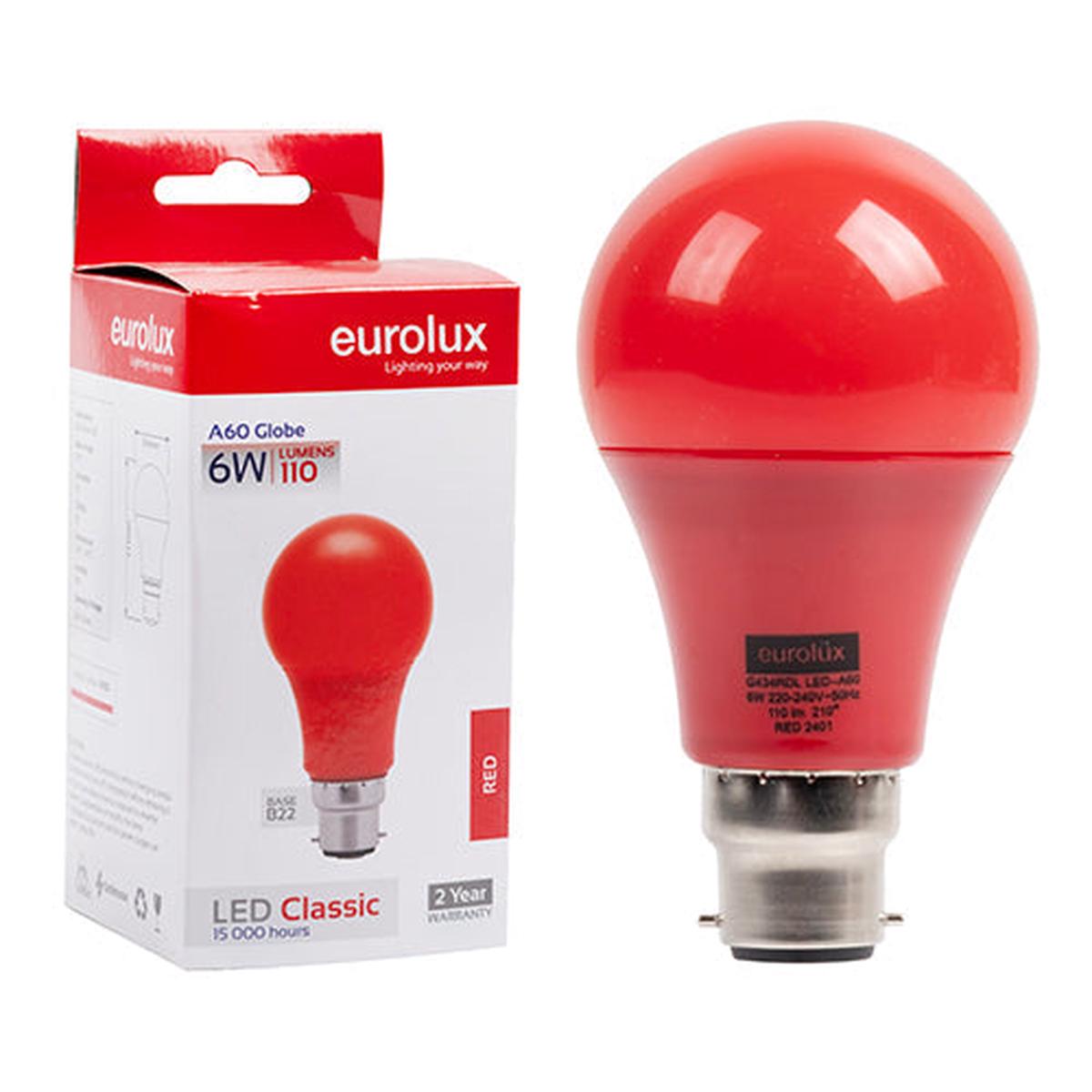 Eurolux LED Globe A60 Coloured Classic 6w B22 Red N