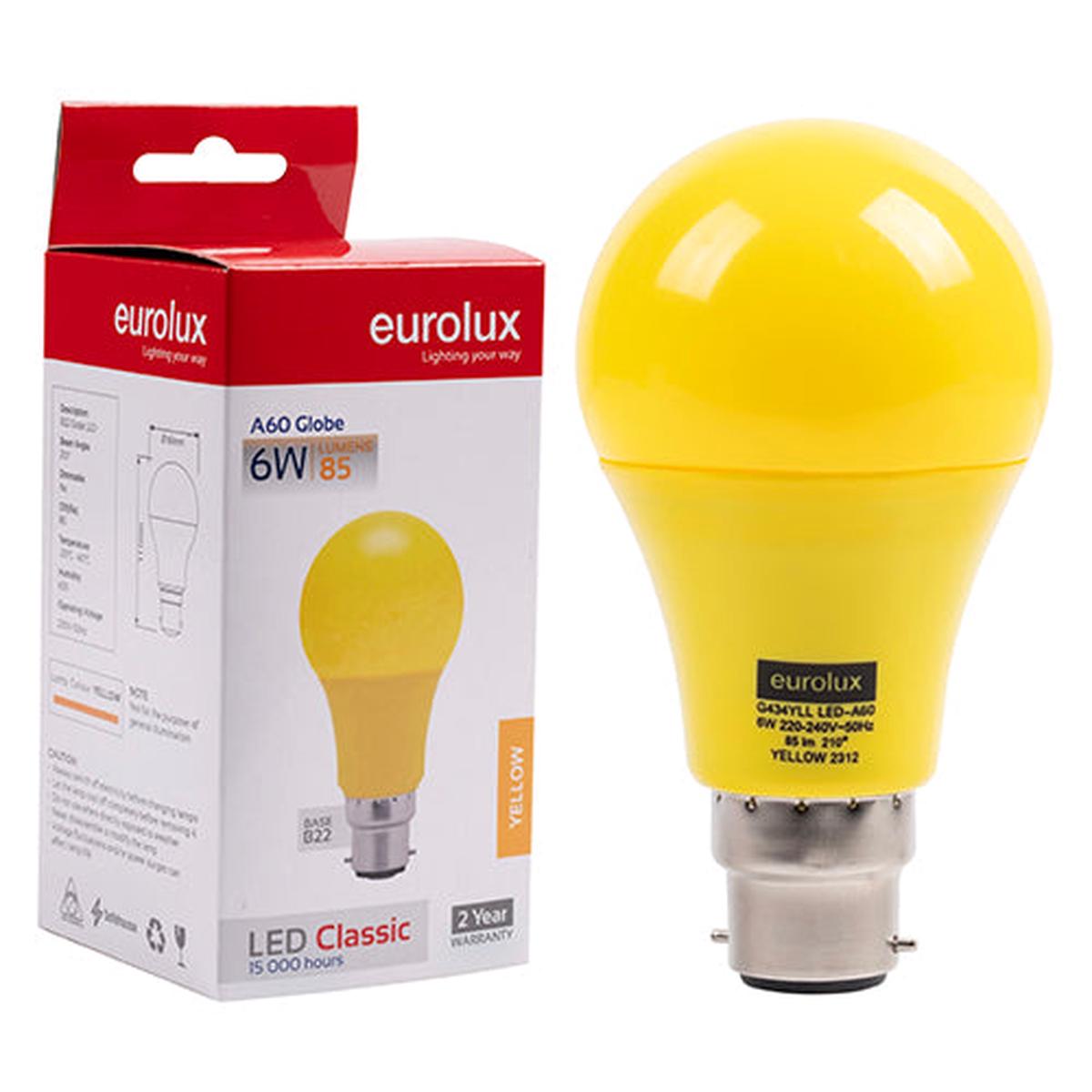 Eurolux LED Globe A60 Coloured Classic 6w B22 Yellow N