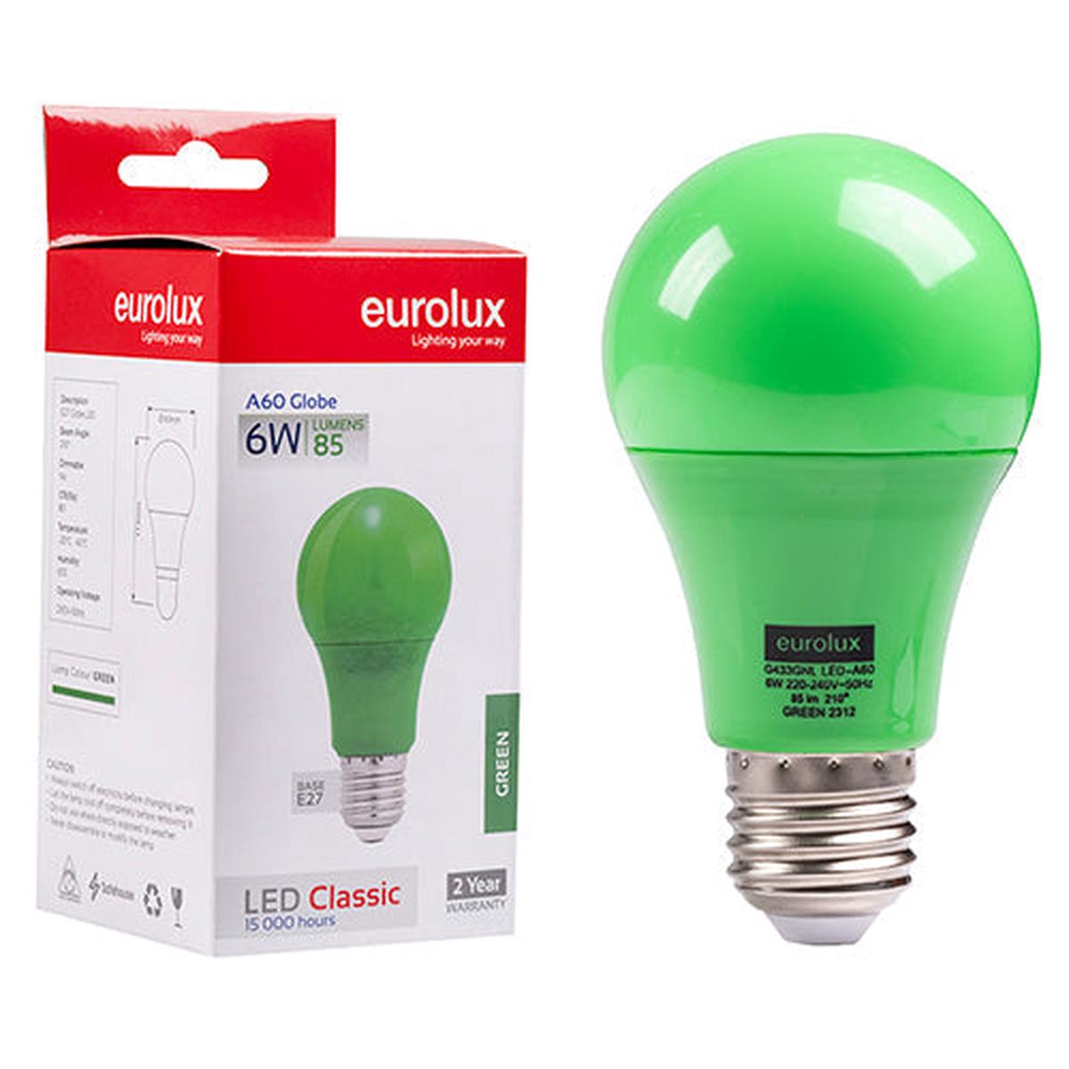 Eurolux LED Globe A60 Coloured Classic 6w E27 Green N