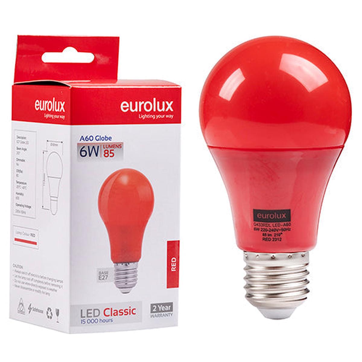 Eurolux LED Globe A60 Coloured Classic 6w E27 Red N