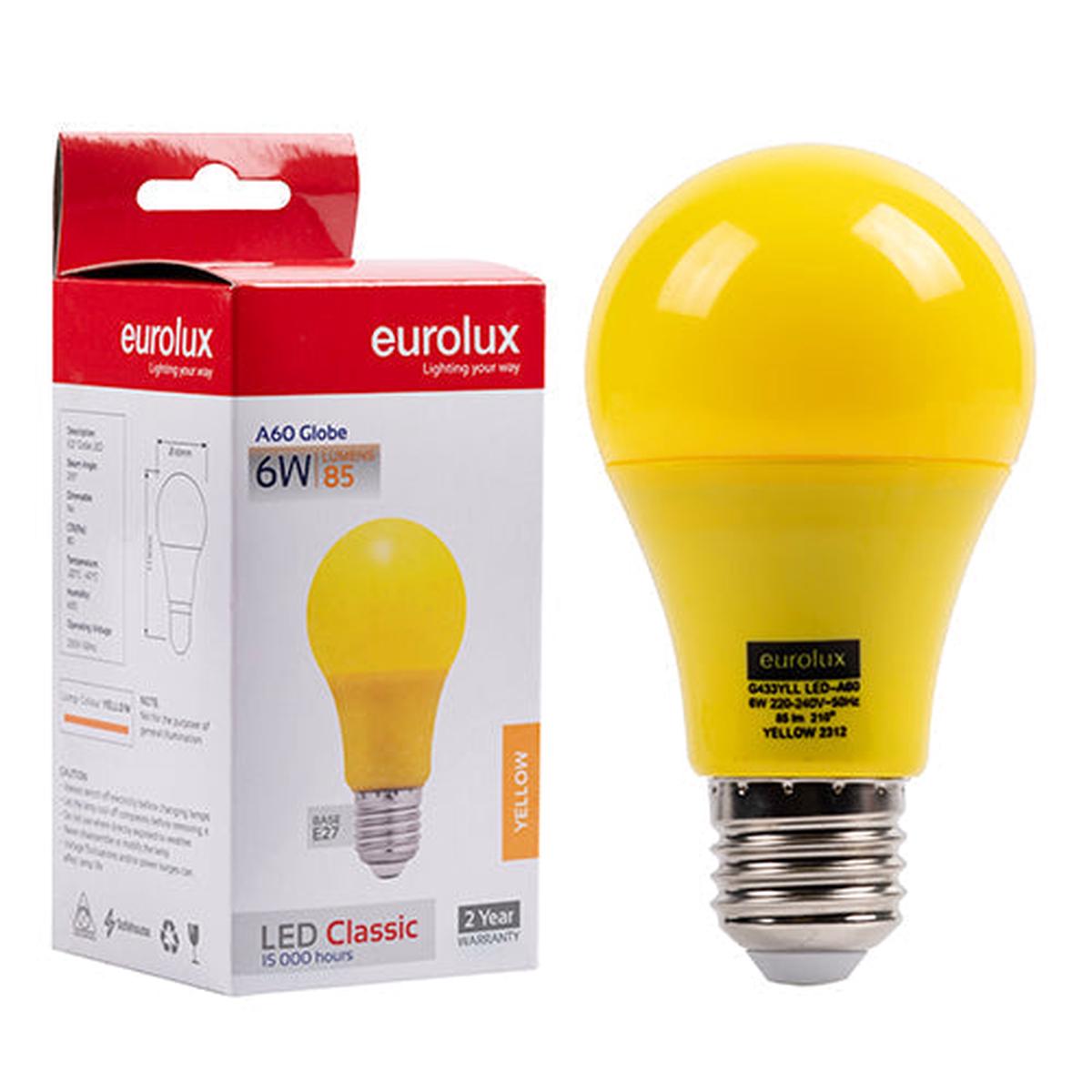 Eurolux LED Globe A60 Coloured Classic 6w E27 Yellow N