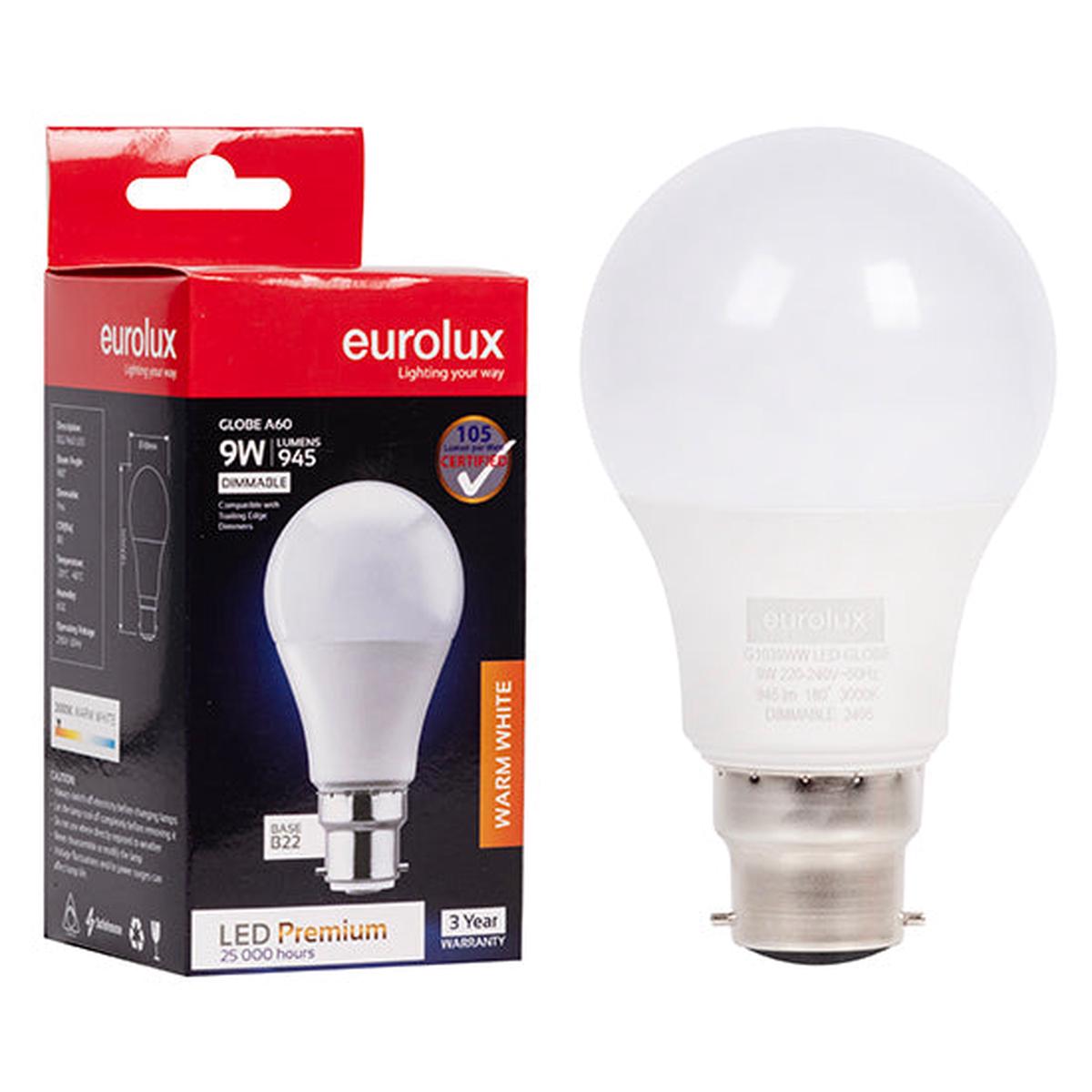 Eurolux LED Globe A60 Premium 9w B22 3000K Dimmable N