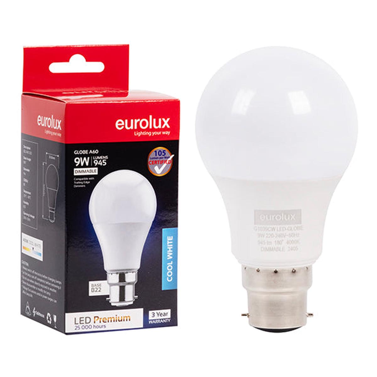 Eurolux LED Globe A60 Premium 9w B22 4000K Dimmable N