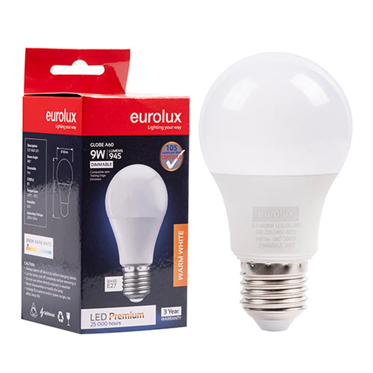 Eurolux LED Globe A60 Premium 9w E27 3000K Dimmable N
