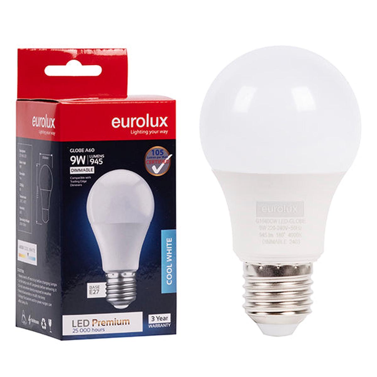 Eurolux LED Globe A60 Premium 9w E27 4000K Dimmable N