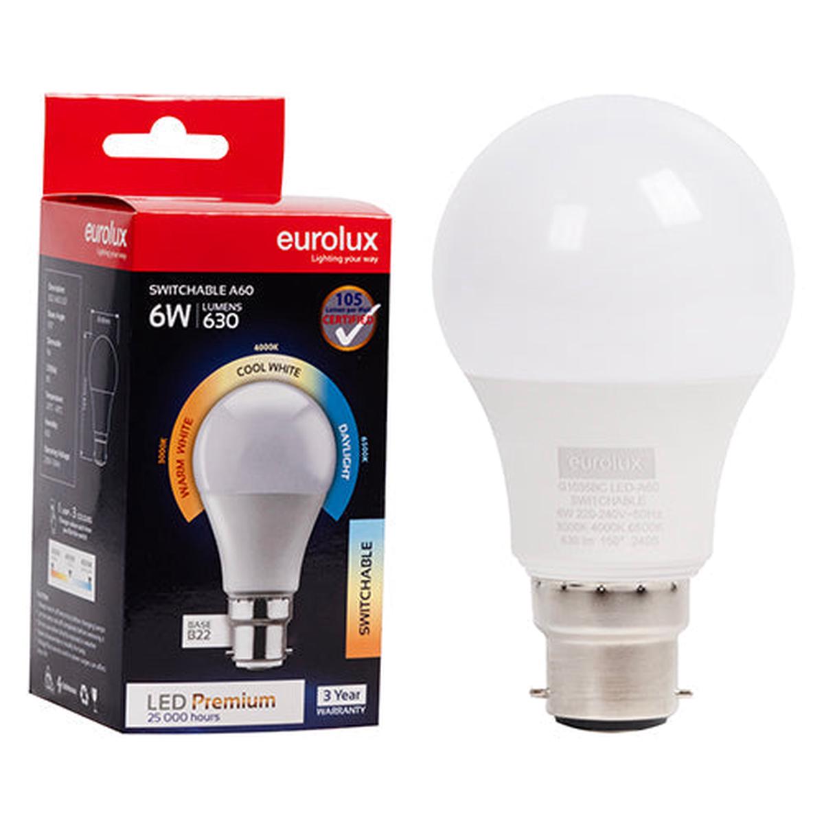 Eurolux LED Globe A60 Premium Switchable 6w B22 N