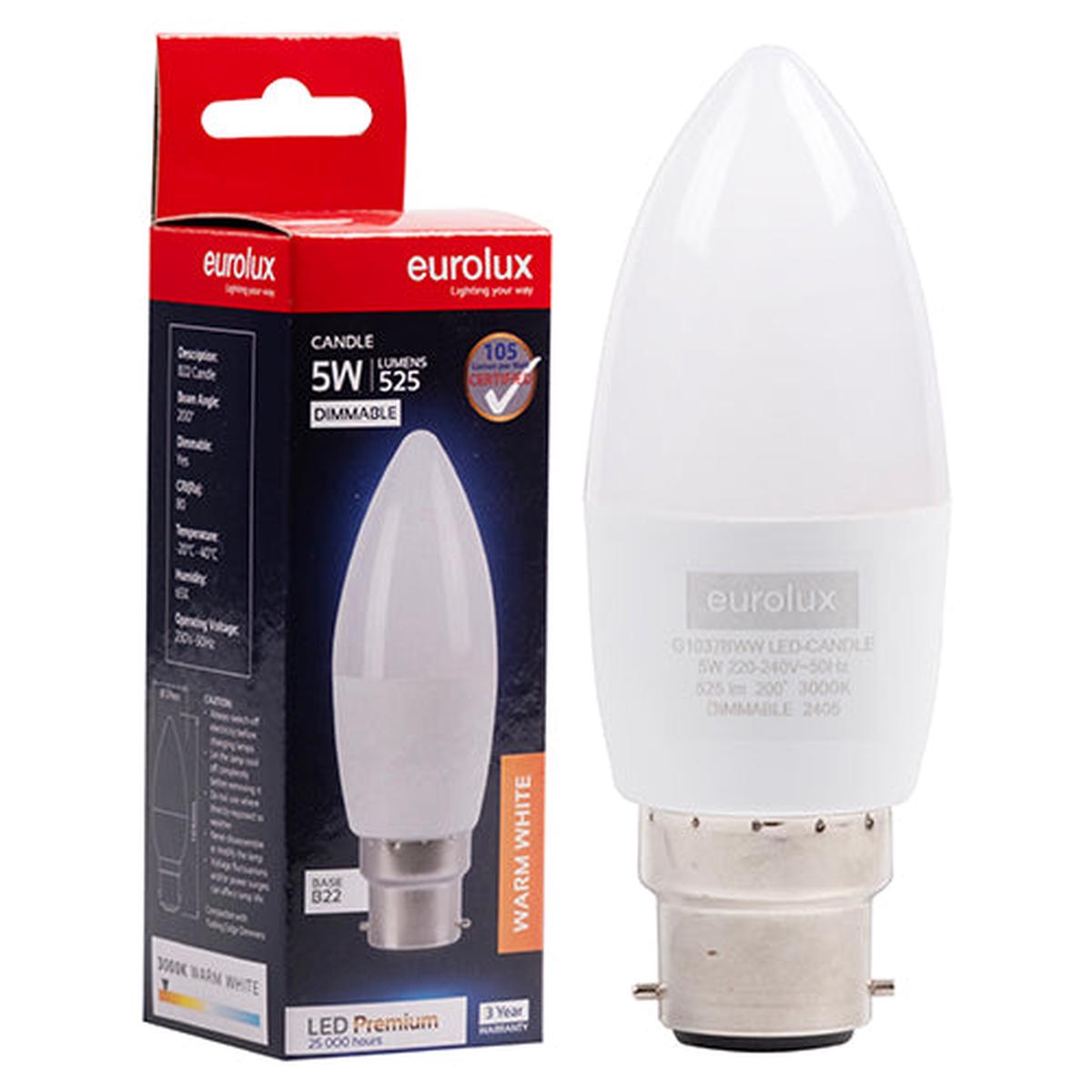 Eurolux LED Globe Candle Premium 5W B22 3000K Dimmable N