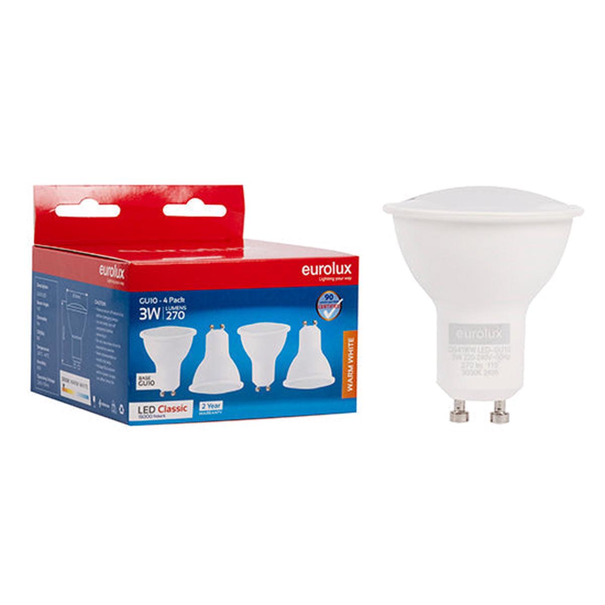 Eurolux LED GU10 Classic Frosted Lens 3w 3000K 4 Pack N