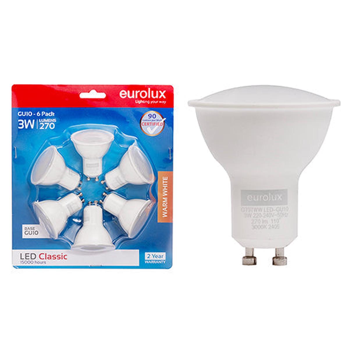 Eurolux LED GU10 Classic Frosted Lens 3w 3000K 6 Pack N