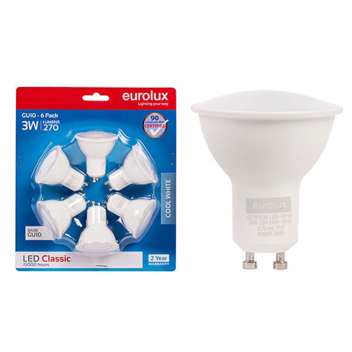 Eurolux LED GU10 Classic Frosted Lens 3w 4000K 6 Pack N